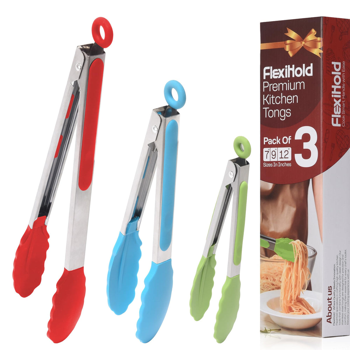 Kitchen Tongs Set, 2 Pack Stainless Steel with Silicone Tips