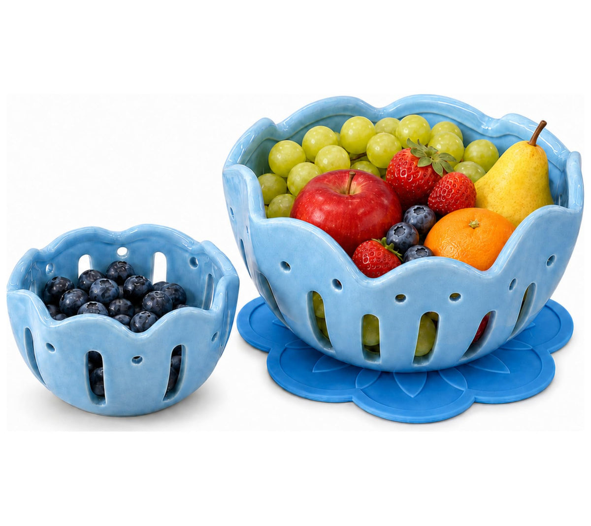 Ceramic Berry Bowls with Holes, Set of 2 Large and Small Berry Baskets with Non-Slip Flower Drip Mat, Fruit Colander for Rinsing, Draining, Serving, Kitchen Counter and Fridge Storage