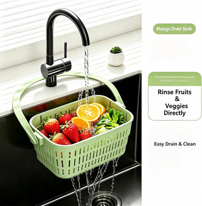 Stretchable Hanging Sink Draining Basket with Flip Lid, Space-Saving Collapsible Kitchen Storage Basket, Multi-Purpose Drain Basket for Fruits, Vegetables & Kitchen Gadgets