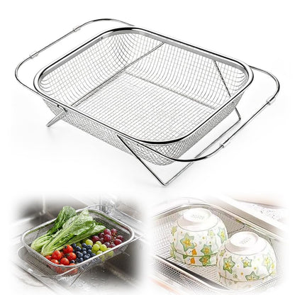 Stainless Steel Over-The-Sink Colander Strainer Basket, Expandable Sink Colander for Kitchen, Vegetable Washing & Food Draining (11.5 * 8.5in)