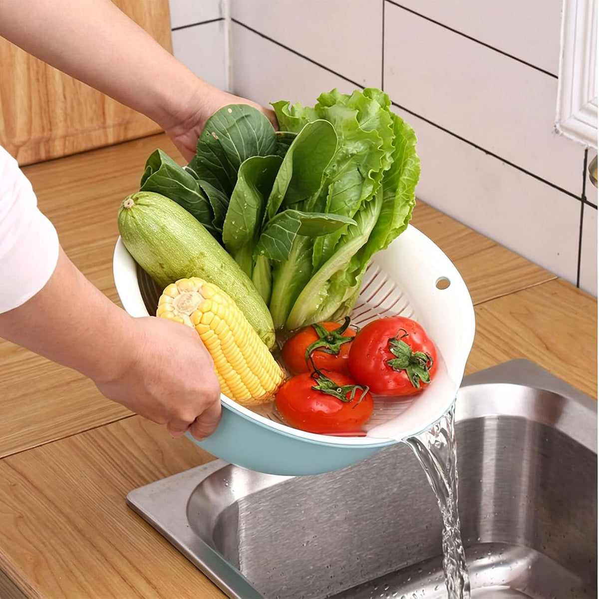2-Piece Nesting Colander Bowl Set - Large Capacity Plastic Food Strainers for Pasta, Veggies & Fruits, Space-Saving Washing & Draining Basket (Blue)