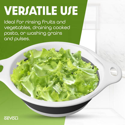 Gevoli Collapsible Colander Strainer, Includes Over-sink Countertop Draining Base (5QT) Large Kitchen Drainer for Vegetables Fruit and Pasta, Round Foldable Draining Basket, Easy Storage (White)