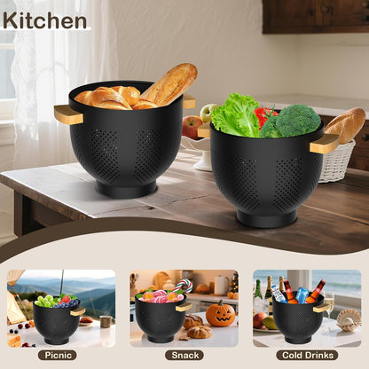 Colander for Kitchen, 6 QT Metal Colander with Wood Handle, Essentials Kitchen Gadgets Strainers and Colanders Food Strainer Basket for Draining Pasta Strainer, Vegetable & Fruit, Black