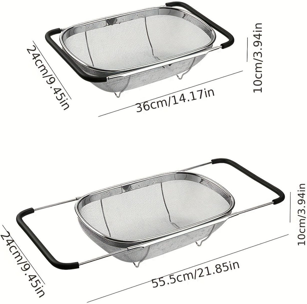 NikLye Stainless Steel Over the Sink Colander Basket with Expandable Handles, 6 Quart Fine Mesh Strainer for Pasta, Vegetables and Rice