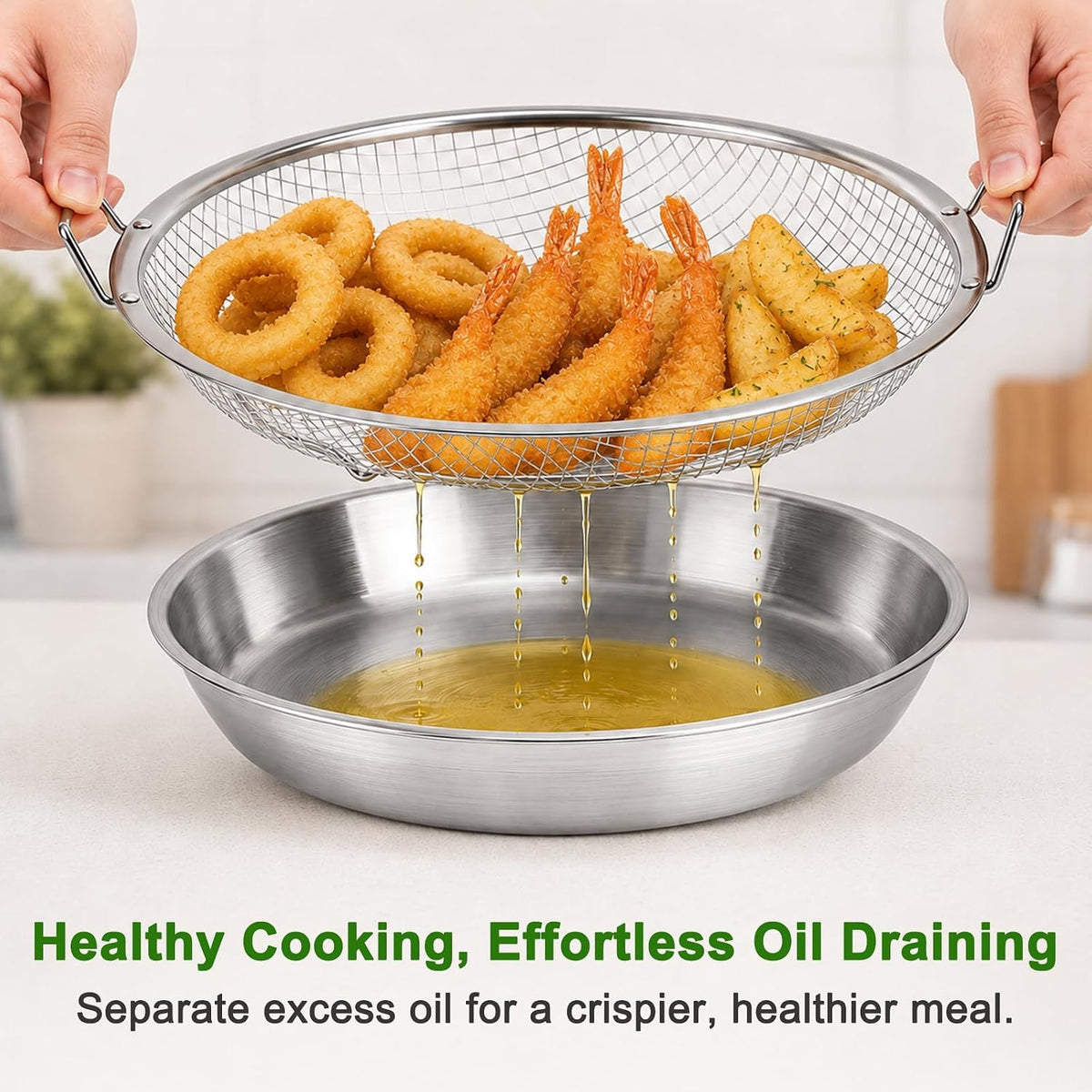 Stainless Steel Air Fryer Mesh Pan & Oil Filter Tray Set, 2 Pack Crisper