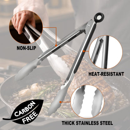 Set of 2 Stainless Steel Tongs with Scalloped Edges Easy Lock Dishwasher Safe Durable and Versatile 14 Inch and 9 Inch Silver