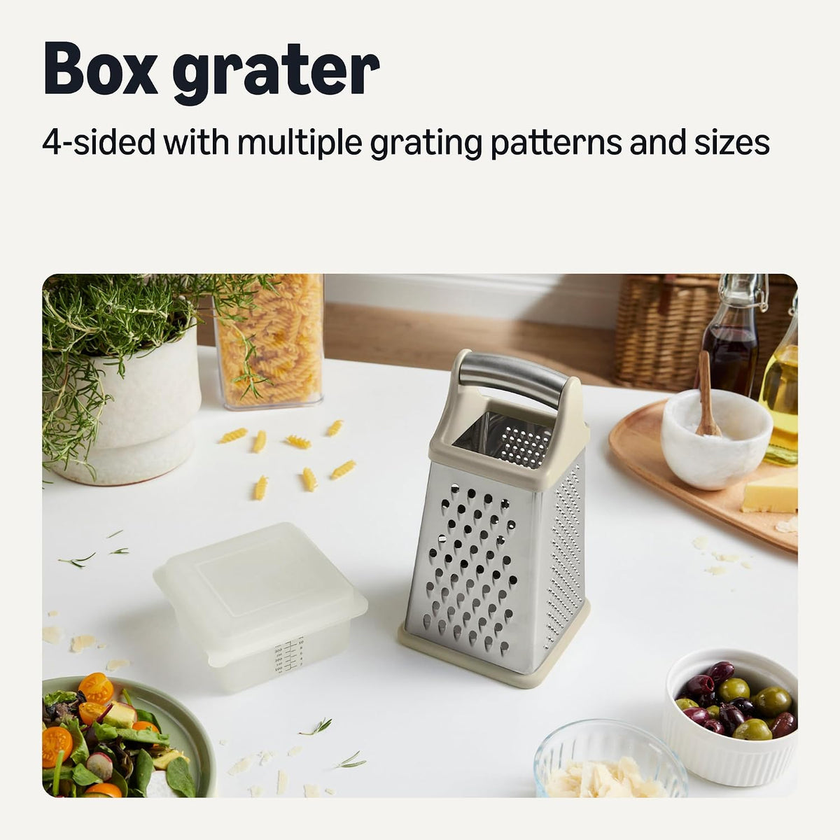 Amazon Basics Cheese Grater, 4-Sided Stainless Steel Box Grater with Measuring Container, Dishwasher-Safe