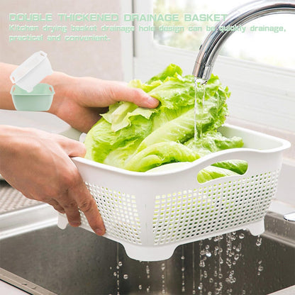 Double Layer Draining Basket,Plastic Fruit Vegetable Wash Rack Cyan