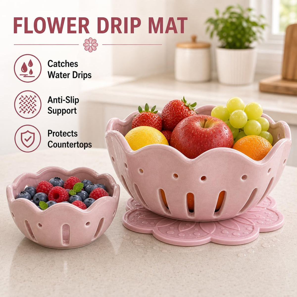 Ceramic Berry Bowls with Holes, Set of 2 Large and Small Berry Baskets with Non-Slip Flower Drip Mat, Fruit Colander for Rinsing, Draining, Serving, Kitchen Counter and Fridge Storage