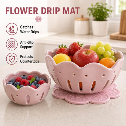 Ceramic Berry Bowls with Holes, Set of 2 Large and Small Berry Baskets with Non-Slip Flower Drip Mat, Fruit Colander for Rinsing, Draining, Serving, Kitchen Counter and Fridge Storage