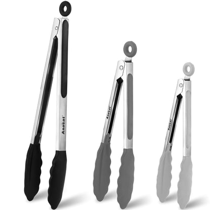 Anaeat Non-Stick Silicone Locking Tong Set of 3 - Stainless Steel 7", 9", 12" Kitchen Food Tongs with Non-Slip Silicone Tips and Grip for Cooking, Baking and BBQ - Heat Resistant up to 480°F (Black)