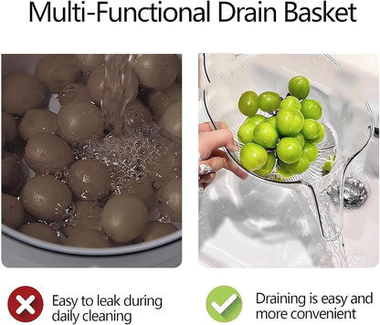 Multi-functional Drain Basket - 2024 New Fruit Cleaning Bowl with Strainer Container, Kitchen Sink Food Catcher Drainer Rinser Vegetable Washing Filter over the Colander (1PC, Clear)