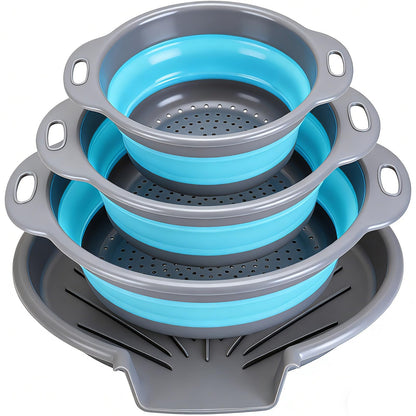 Collapsible Colander Set with Oversized Draining Tray | 3-Pack Foldable Kitchen Strainers + Base | Space Saving for Pasta, Veggies, Fruit & Rice | 5 Colors (Gray-Blue)