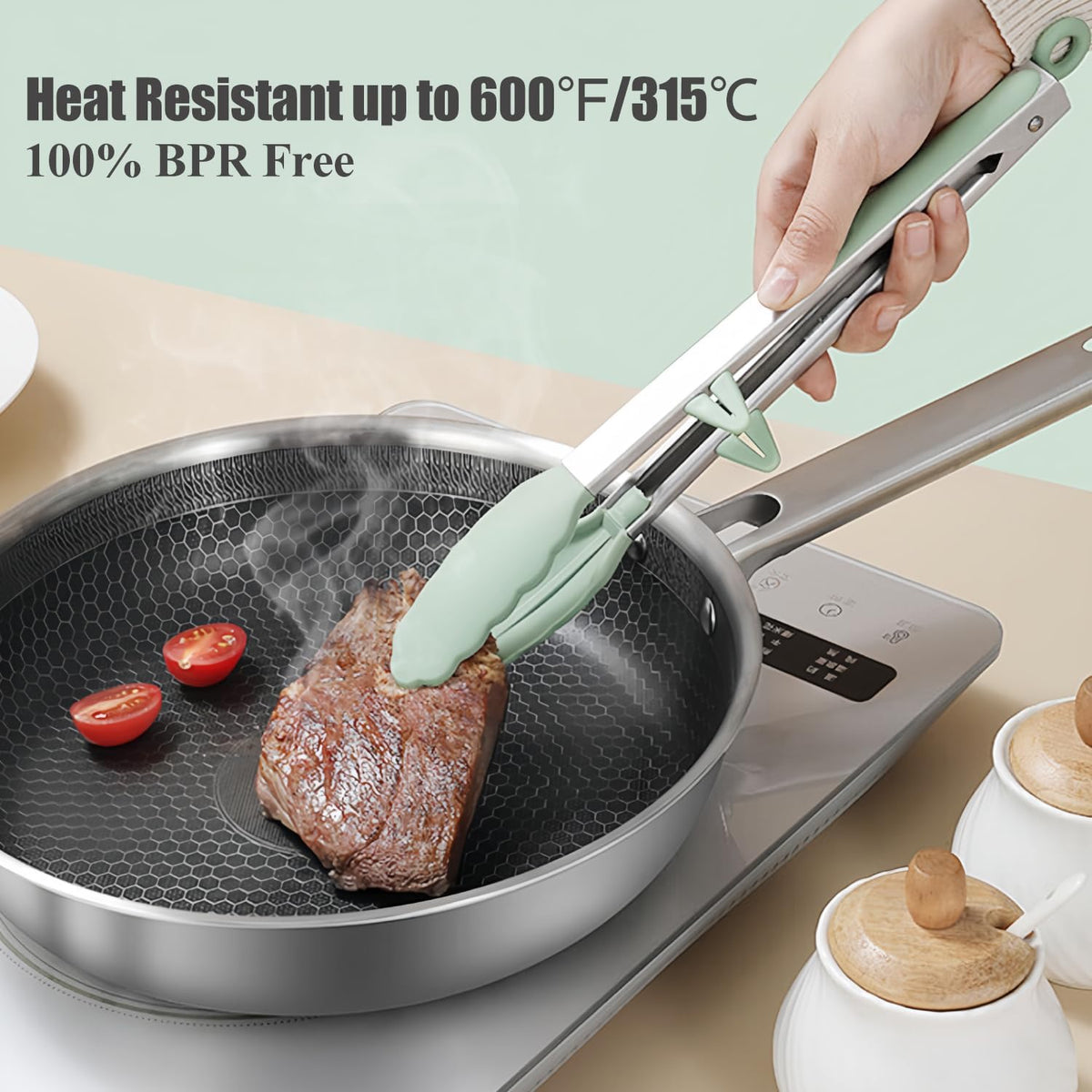 Kitchen Tongs for Cooking with Silicone Tips, 3 Size Serving Tongs, Green