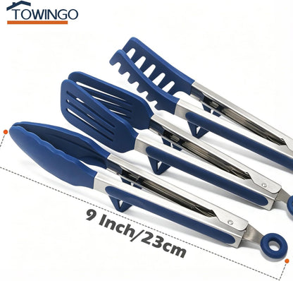 9" Kitchen Tongs for cooking with Silicone Tips, 3Pcs Serving Tongs, Blue