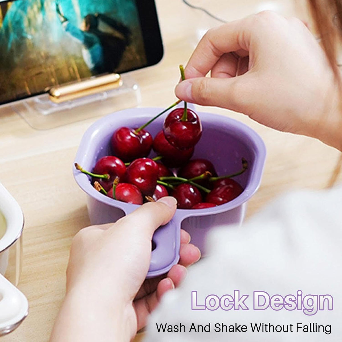 Kitchen Dual-Layer Draining Basket With Handle, Small Fruit Spinner And Strainer, Mini Colander, Dual Layer Rinser, Watermelon Bowl Strainer Container For Berries, Vegetables, Fruits (Purple)