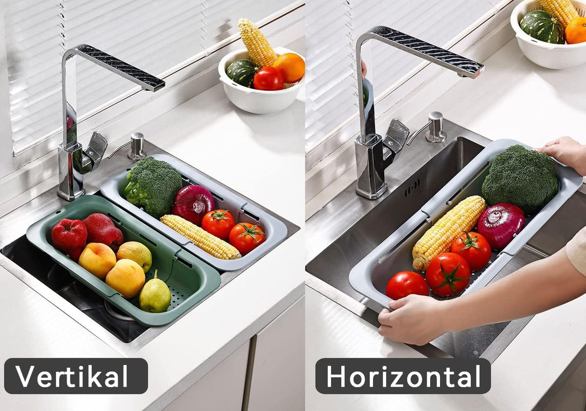 Kitchen Sink Colander, Extendable Strainer Basket Over the Sink for Wash Vegetables and Fruits, Drain Cooked Pasta and Dry Dishes 13.6"-18.9"L x 7.9"W x 2.6"H - Deepgray