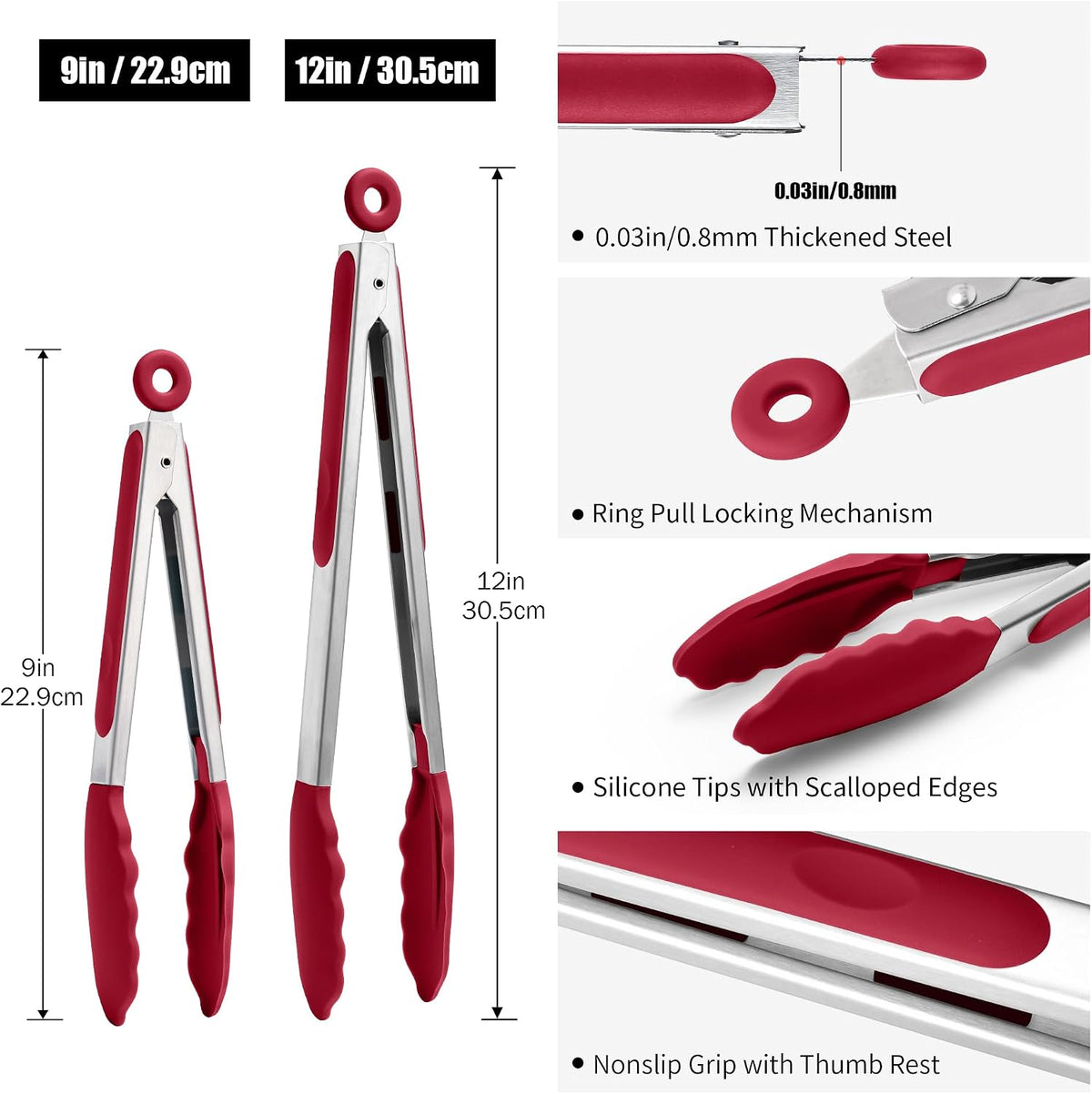 Doosu Kitchen Tongs with Silicone Tips for Cooking Serving (9+12in, Red)