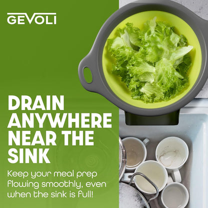 Gevoli Collapsible Colander Strainer, Includes Over-sink Countertop Draining Base (5QT) Large Kitchen Drainer for Vegetables Fruit and Pasta, Round Foldable Draining Basket, Easy Storage (White)