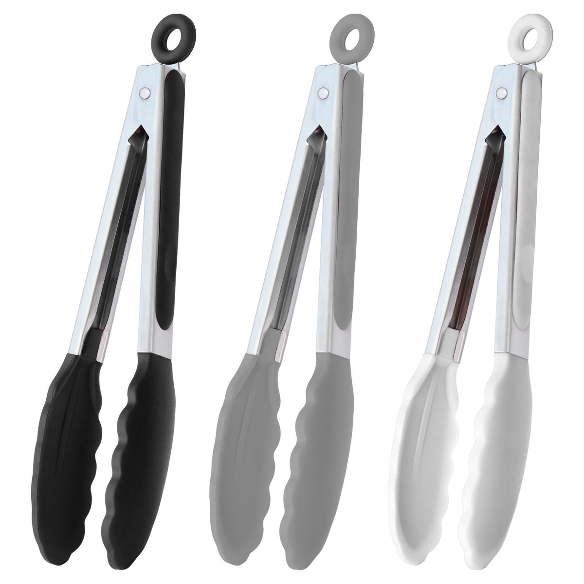 HINMAY Serving Tongs 9" Cooking Tongs with Silicone Tips, Set of 3 (Black)