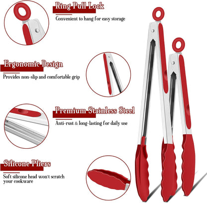 TeamFar Kitchen Tongs, 9"&12" Stainless Steel Heat Resistant Cooking Tongs