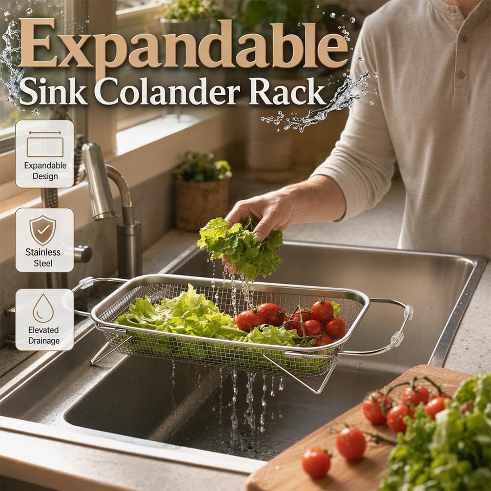Stainless Steel Over-The-Sink Colander Strainer Basket, Expandable Sink Colander for Kitchen, Vegetable Washing & Food Draining (11.5 * 8.5in)