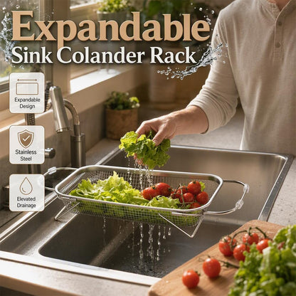 Stainless Steel Over-The-Sink Colander Strainer Basket, Expandable Sink Colander for Kitchen, Vegetable Washing & Food Draining (11.5 * 8.5in)