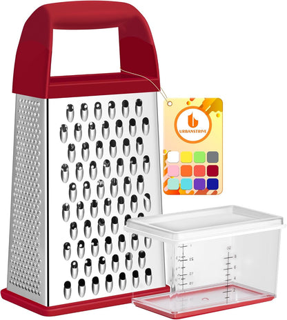 Urbanstrive Cheese Grater With Container, Professional Cheese Grater with Handle, Stainless Steel Graters for Kitchen Handheld, Box Grater with 4 Sides for Vegetables, Ginger, Potatoes (Red)