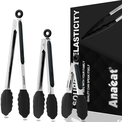 Anaeat Non-Stick Silicone Locking Tong Set of 3 - Stainless Steel 7", 9", 12" Kitchen Food Tongs with Non-Slip Silicone Tips and Grip for Cooking, Baking and BBQ - Heat Resistant up to 480°F (Black)
