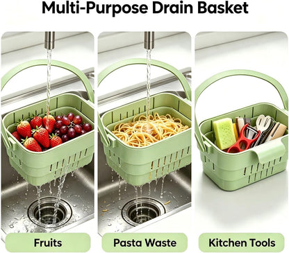 Stretchable Hanging Sink Draining Basket with Flip Lid, Space-Saving Collapsible Kitchen Storage Basket, Multi-Purpose Drain Basket for Fruits, Vegetables & Kitchen Gadgets