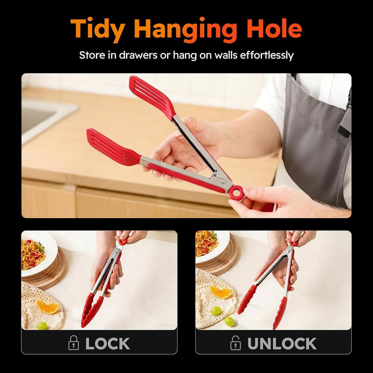 HST 3 Pack Kitchen Tongs, Non Stick Stainless Steel 9 Inch Tongs