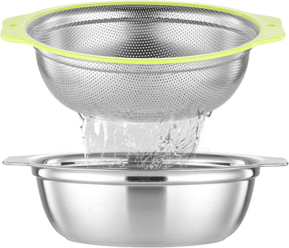 Colander Stainless Steel Microporous, 4QT Large Capacity Rice Strainer with Mixing Bowl, Rice Washing Bowl Set with Handle, Food-Grade Strainers and Colanders for Kitchen, Dishwasher Safe