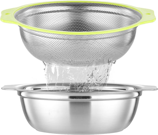 Colander Stainless Steel Microporous, 4QT Large Capacity Rice Strainer with Mixing Bowl, Rice Washing Bowl Set with Handle, Food-Grade Strainers and Colanders for Kitchen, Dishwasher Safe