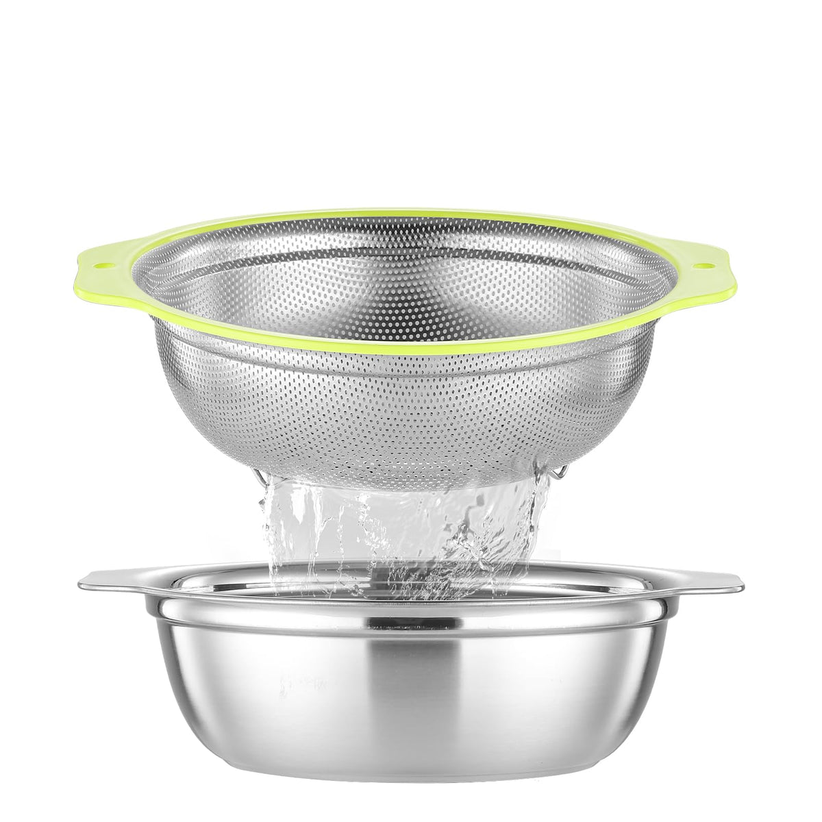 Colander Stainless Steel Microporous, 4QT Large Capacity Rice Strainer with Mixing Bowl, Rice Washing Bowl Set with Handle, Food-Grade Strainers and Colanders for Kitchen, Dishwasher Safe