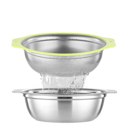 Colander Stainless Steel Microporous, 4QT Large Capacity Rice Strainer with Mixing Bowl, Rice Washing Bowl Set with Handle, Food-Grade Strainers and Colanders for Kitchen, Dishwasher Safe