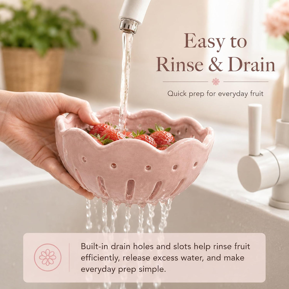 Ceramic Berry Bowls with Holes, Set of 2 Large and Small Berry Baskets with Non-Slip Flower Drip Mat, Fruit Colander for Rinsing, Draining, Serving, Kitchen Counter and Fridge Storage