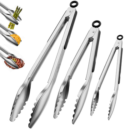 Stainless Steel Kitchen Tongs with Teeth Good Grip, Set of 3 Aqua Sky