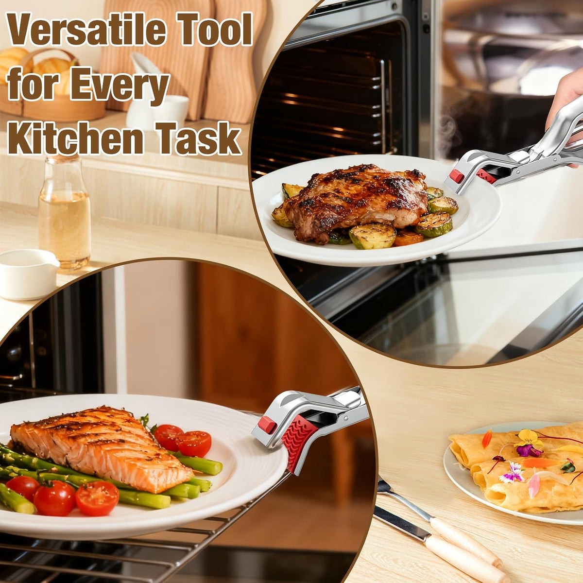 3Pcs Stainless Steel Hot Plate Gripper Tongs, Multi-Function Anti-Scald Bowl Clip, Kitchen Silicone Anti-Slip Heat Insulation Pplate Gripper, for Microwave, Pizza Pan, Toaster, Air Fryer, Oven