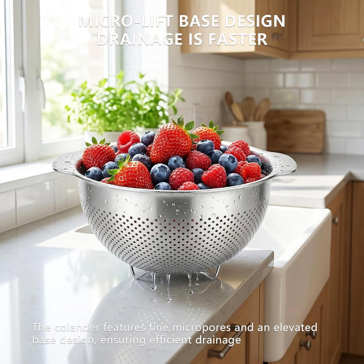 Stainless Steel Colander for Kitchen with Handle for Pasta (3QT)