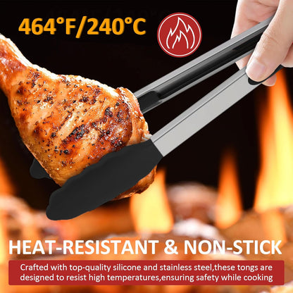 9 Pieces Silicone Tongs for Cooking 7,9,12 inches Kitchen Tongs with Silicone Tip Stainless Steel Heat Resistant Cooking Tongs for Food Grill Salad BBQ Frying and Serving, Black