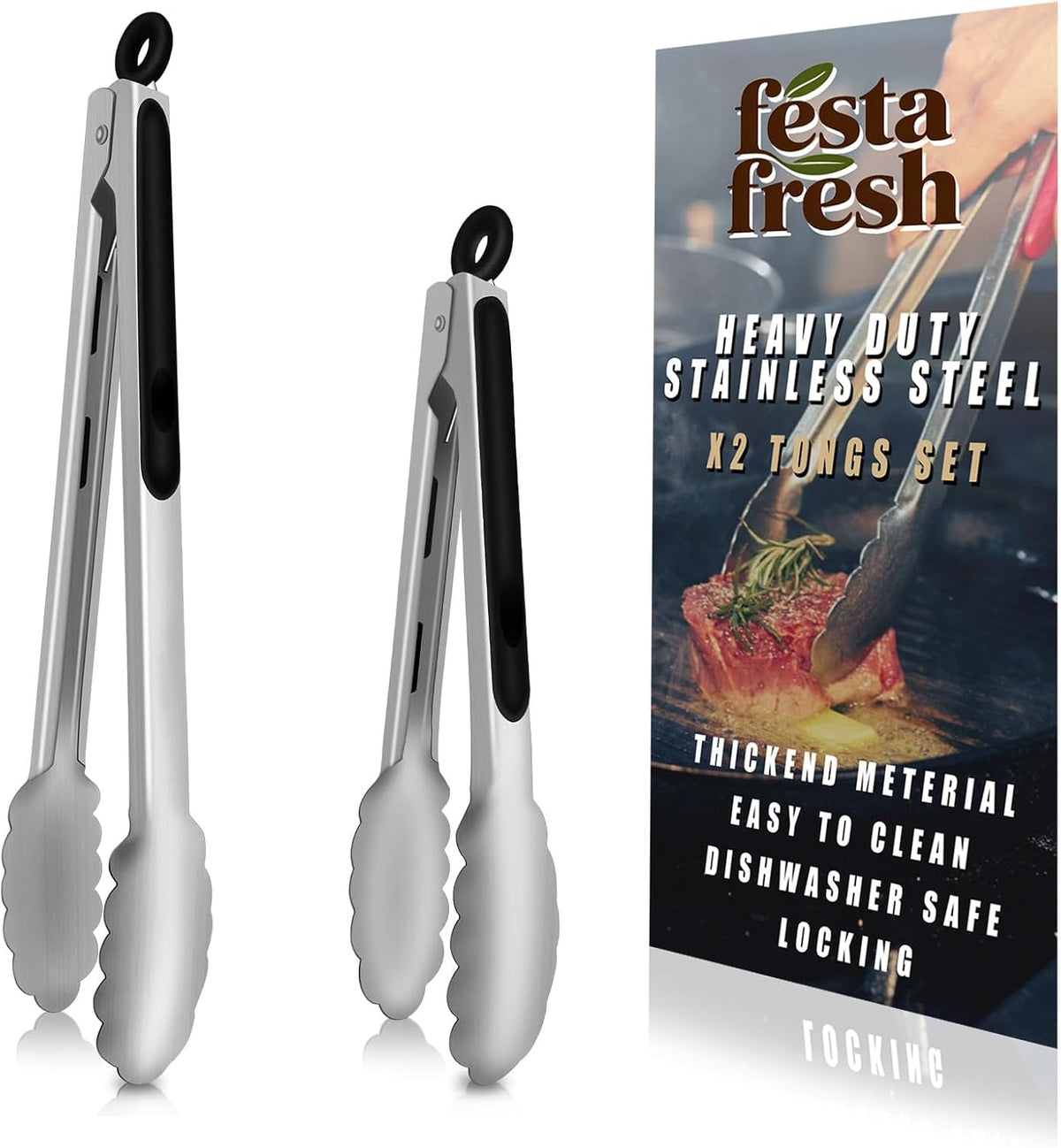 Set of 2 Stainless Steel Tongs with Scalloped Edges Easy Lock Dishwasher Safe Durable and Versatile 14 Inch and 9 Inch Silver