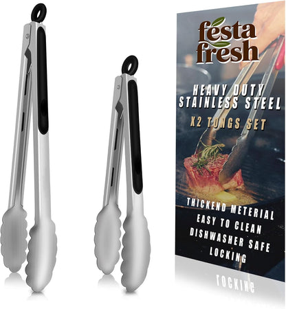 Set of 2 Stainless Steel Tongs with Scalloped Edges Easy Lock Dishwasher Safe Durable and Versatile 14 Inch and 9 Inch Silver