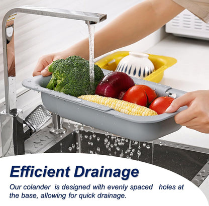 Extendable Sink Colander Strainer Basket - Wash Vegetables and Fruits, Drain Cooked Pasta and Dry Dishes - Adjustable Over the Sink Colander Collapsible Drainer Basket -Gray
