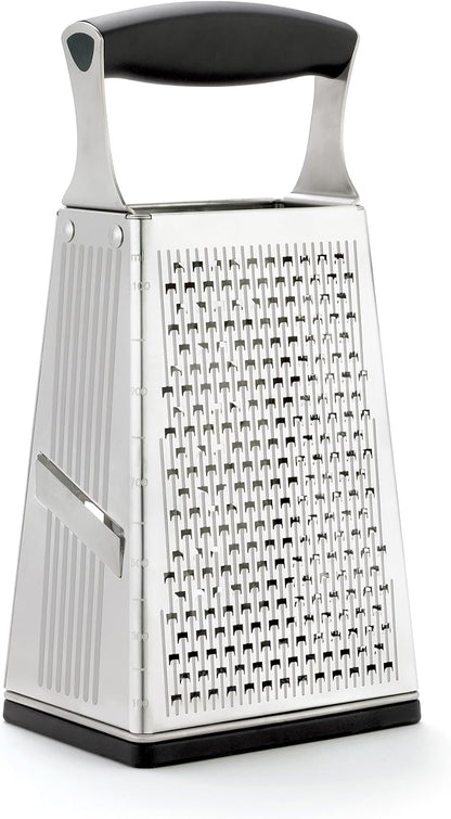 Cuisipro Stainless Steel Cheese Grater with Handle, 4 Sided Box Grater for Kitchen, Ginger Grater Dishwasher Safe, Fruit and Vegetables Slicer, Cheese Shredder for Potato, Chocolate, Parmesan, Ginger