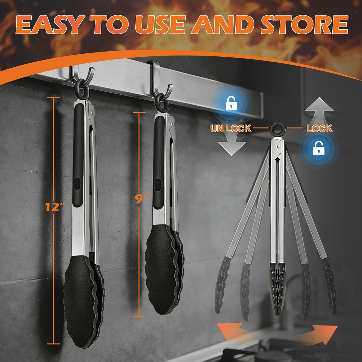 TACGEA Stainless Steel Kitchen Tongs with Silicone Tips, Locking Grilling Food Tongs, 9" and 12", Set of 2 Black