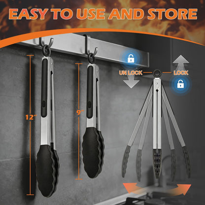 TACGEA Stainless Steel Kitchen Tongs with Silicone Tips, Locking Grilling Food Tongs, 9" and 12", Set of 2 Black