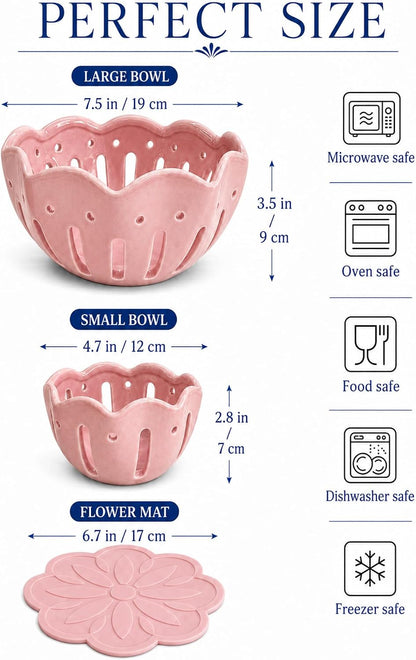 Ceramic Berry Bowls with Holes, Set of 2 Large and Small Berry Baskets with Non-Slip Flower Drip Mat, Fruit Colander for Rinsing, Draining, Serving, Kitchen Counter and Fridge Storage