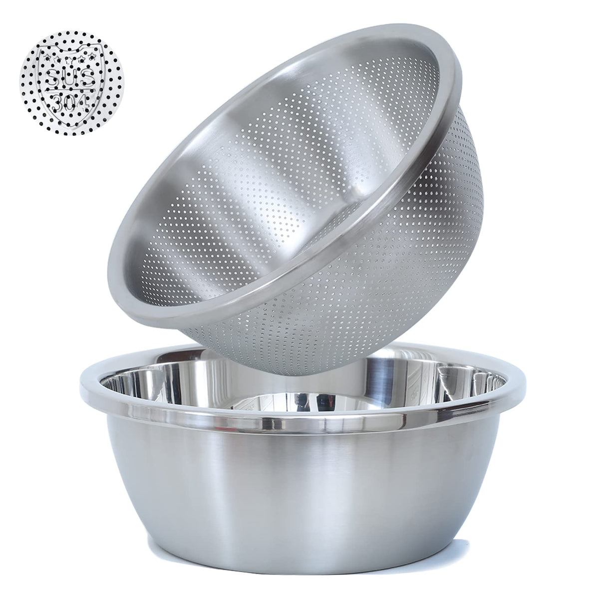 Paoli 304 Stainless Steel Fine Mesh Colander Set, 2QT Large Capacity Strainer with Mixing Bowl — Rinse Fruits, Veggies, Rice & Drain Pasta, Dishwasher Safe (2-Piece)