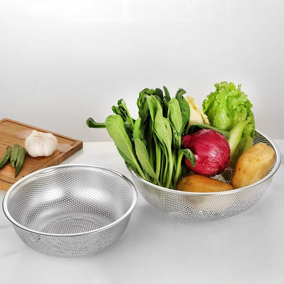 2 Pack Stainless Steel Colander Berry Colanders Baskets,Metal Strainer Colander, Micro-Perforated & Elevated Feet for Draining Food Vegetable Fruit (8.85"x8.85"x2.95")