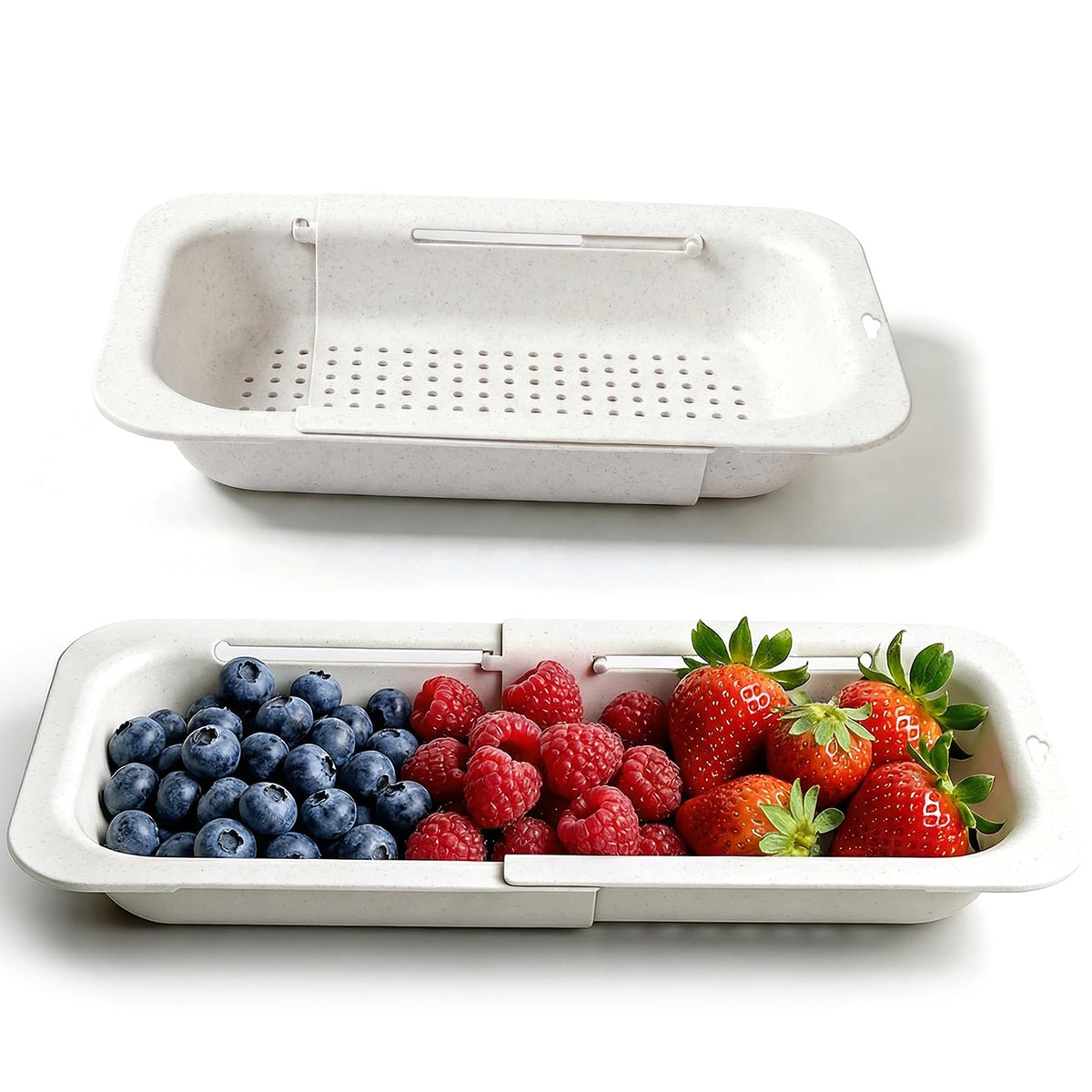 Over the Sink Colander Strainer Basket, Extendable Colander and Strainer for Kitchen, Wash Vegetables and Fruits, Drain Pasta and Dry Dishes, Adjustable Colander from 13.5In to 18.7In, White
